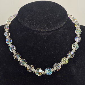 Vintage Coro Aurora Borealis Crystal Bead Necklace 16” Faceted Clear Glass Beads